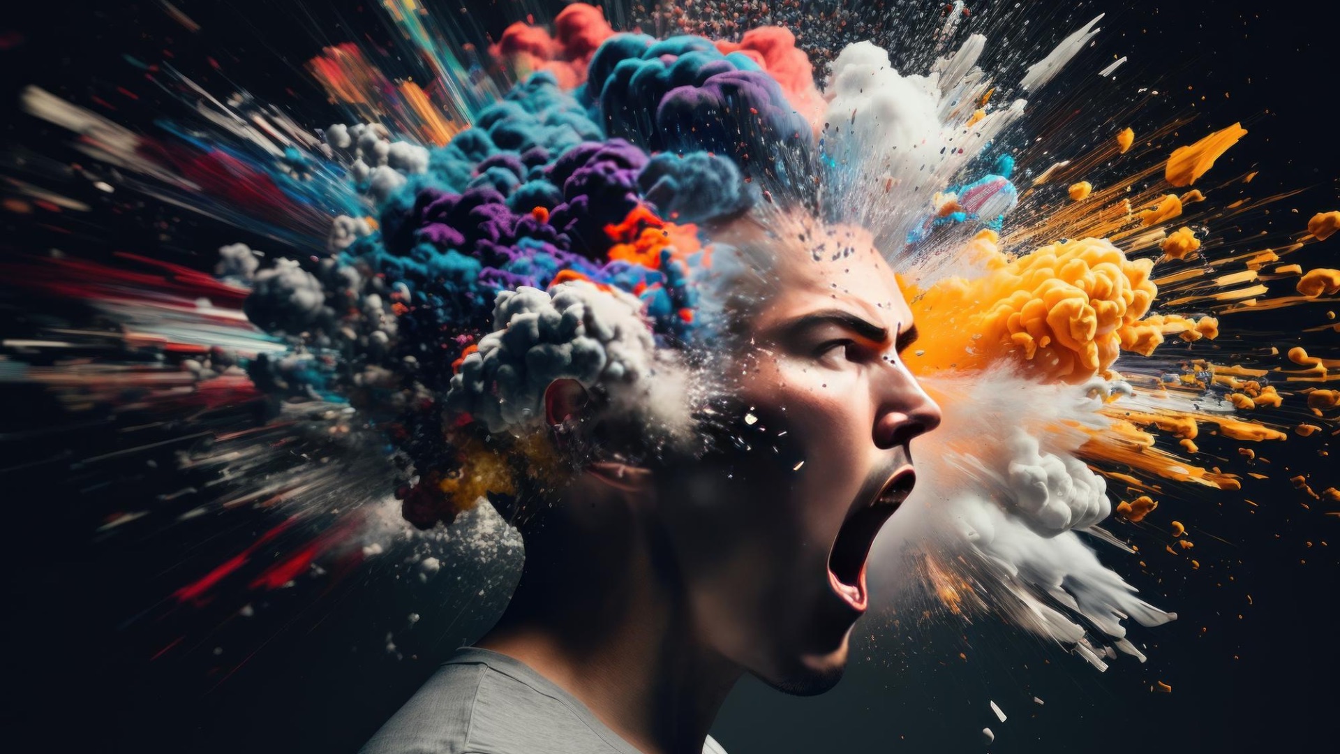 Una mente explotando en color — las personas imaginan, la IA ejecuta